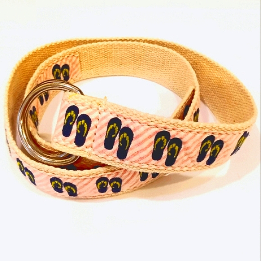 J. Crew Web Belt w/ Flip Flop Embroidery on Pink & White Stripe Seersucker - Picture 3 of 9